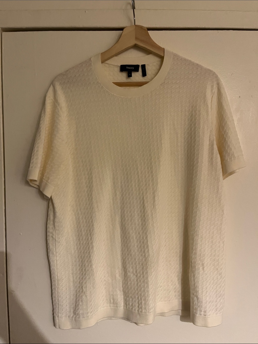 Theory Men's Cream  Textured Short Sleeve Sweater Knit Tee